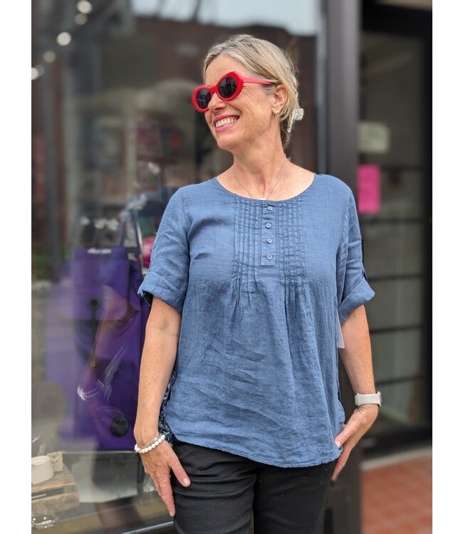 Floral Roll-Tab Linen Blouse - Jeans