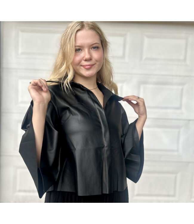 3 4 Sleeve Faux Leather Blouse Black Set Me Free