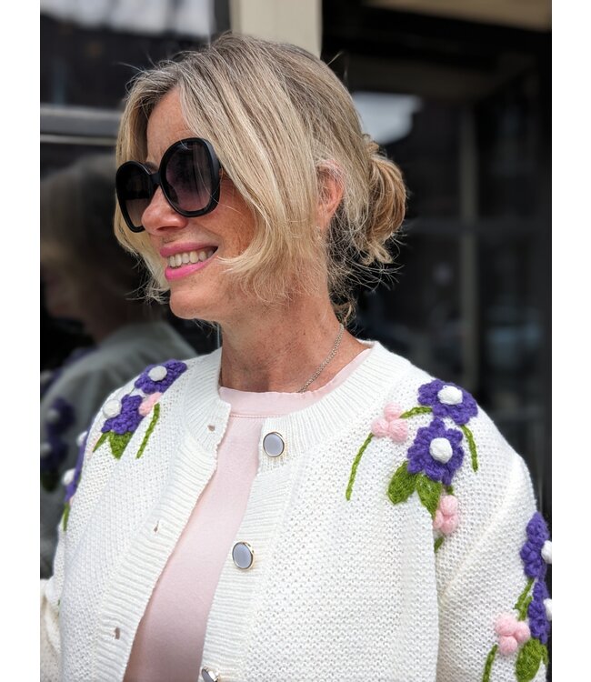Astrid Flower Knit Cardigan - Cream