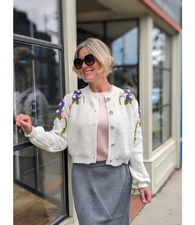 Astrid Flower Knit Cardigan - Cream