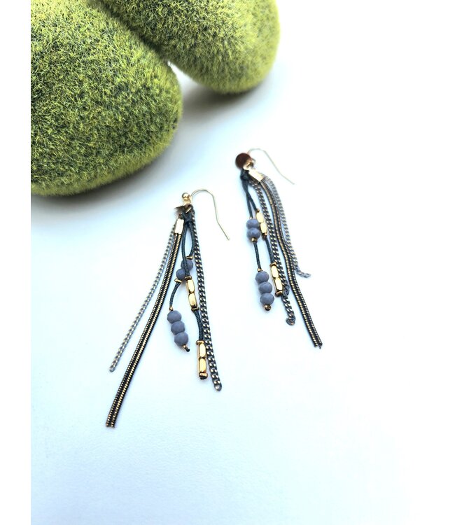 Chain Earrings w/Glass & Metal Beads - Gold / Grey