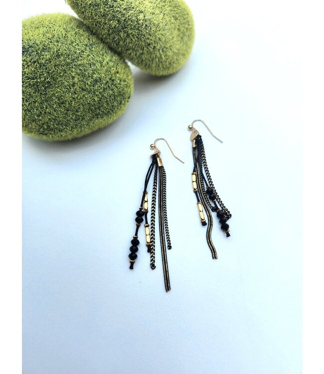 Chain Earrings w/Glass & Metal Beads - Gold / Black
