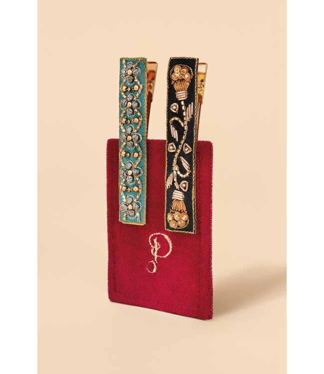 Powder Beaded 2Pk Bar Hair Clips - Turquoise/Charcoal