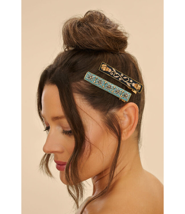 Powder Beaded 2Pk Bar Hair Clips - Turquoise/Charcoal