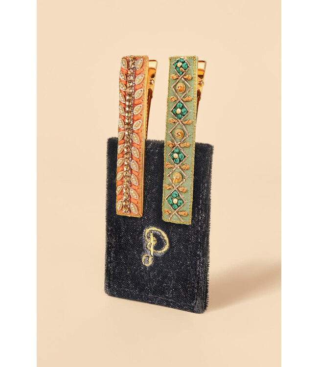 Powder Beaded 2Pk Bar Hair Clips - Sage/Coral