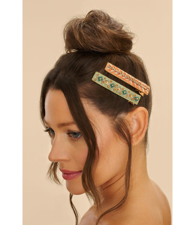 Powder Beaded 2Pk Bar Hair Clips - Sage/Coral