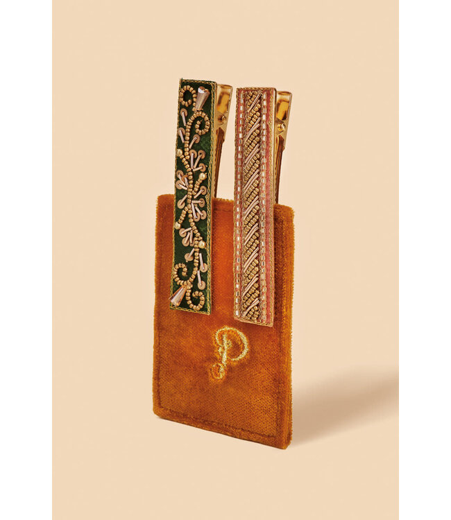 Powder Beaded 2Pk Bar Hair Clips - Forest/Petal