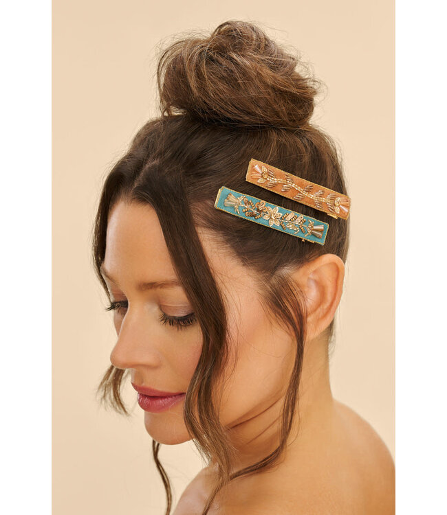 Powder Beaded 2Pk Bar Hair Clips - Turquoise/Mustard