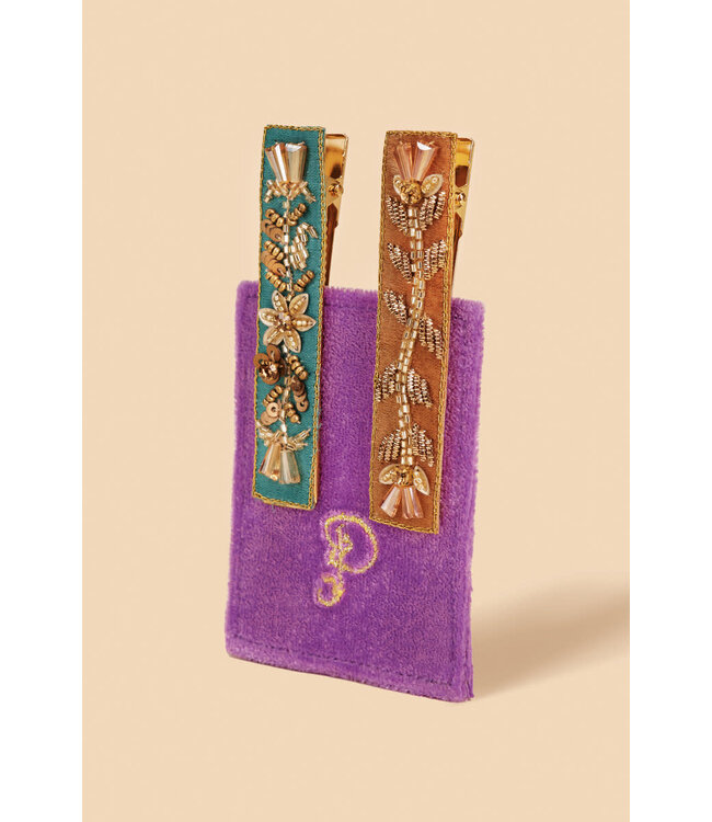 Powder Beaded 2Pk Bar Hair Clips - Turquoise/Mustard