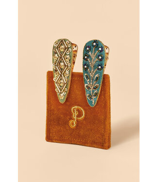 Powder 60s Beaded 2Pk Metal hair Clips - Sage/Teal