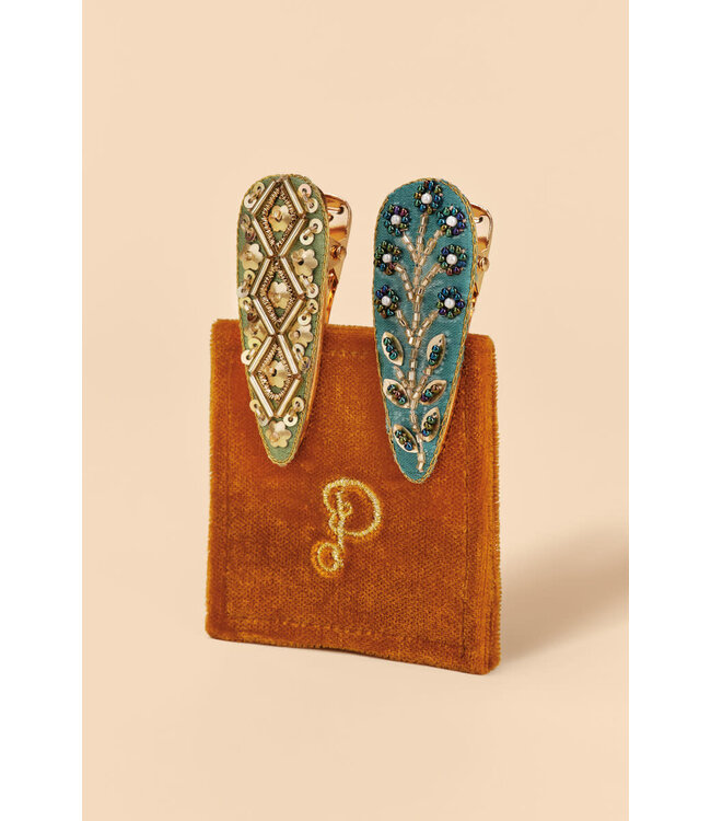 Powder 60s Beaded 2Pk Metal hair Clips - Sage/Teal