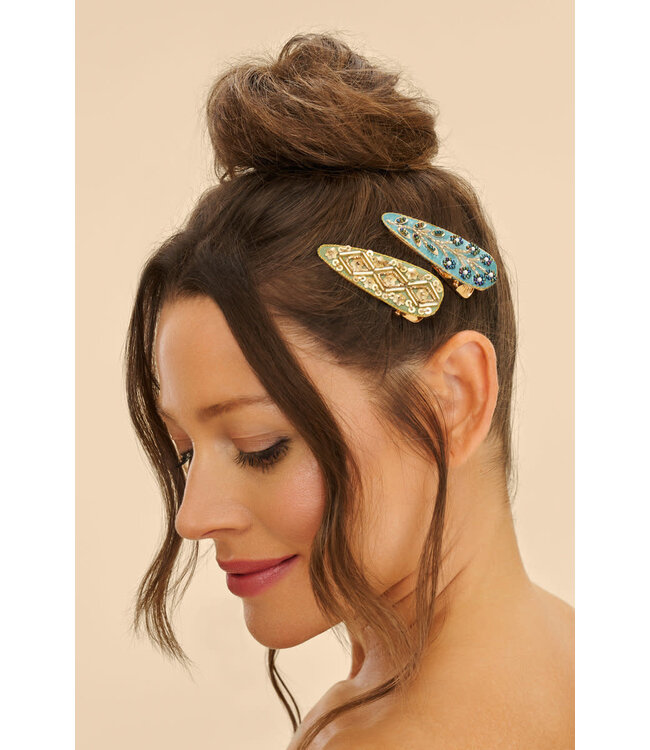 Powder 60s Beaded 2Pk Metal hair Clips - Sage/Teal