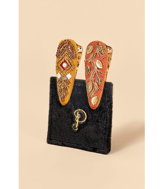 Powder 60s Beaded 2Pk Metal hair Clips - Mustard/Coral