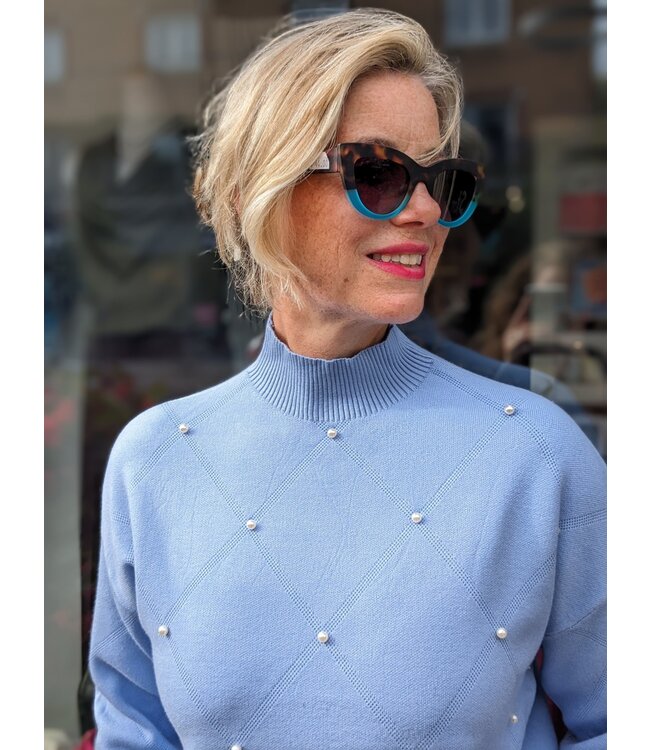 Mock Neck Sweater w/Pearls - Blue