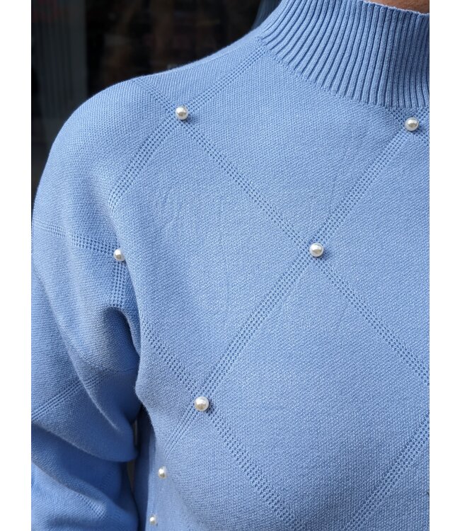 Mock Neck Sweater w/Pearls - Blue