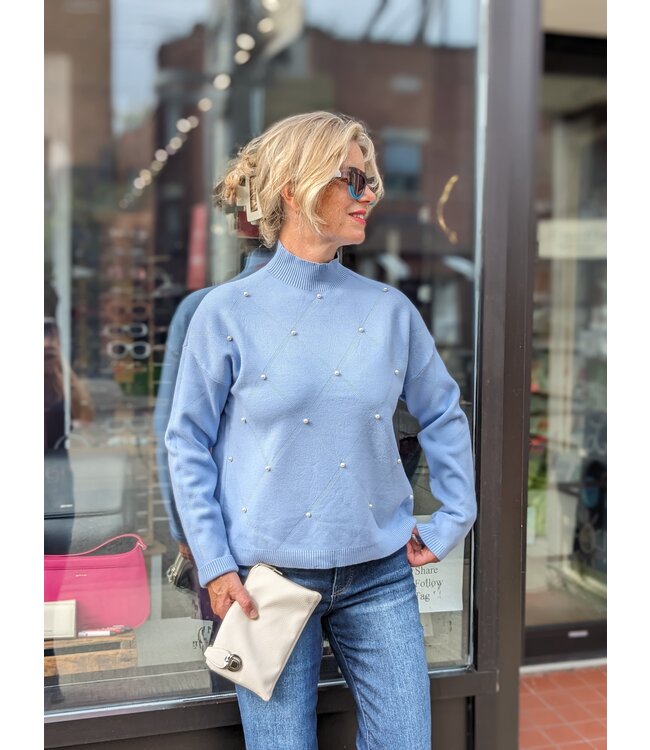 Mock Neck Sweater w/Pearls - Blue