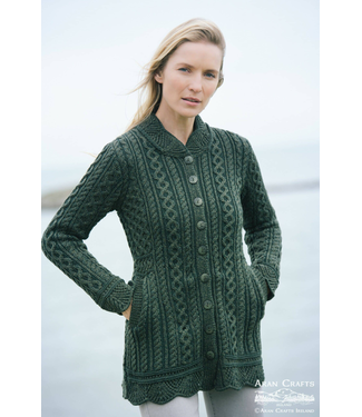 Aran Crafts Button Cardigan w/ Scallop Edge - Army Green