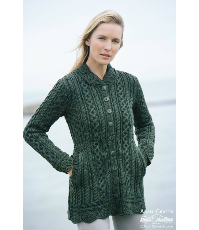 Aran Crafts Button Cardigan w/ Scallop Edge - Army Green