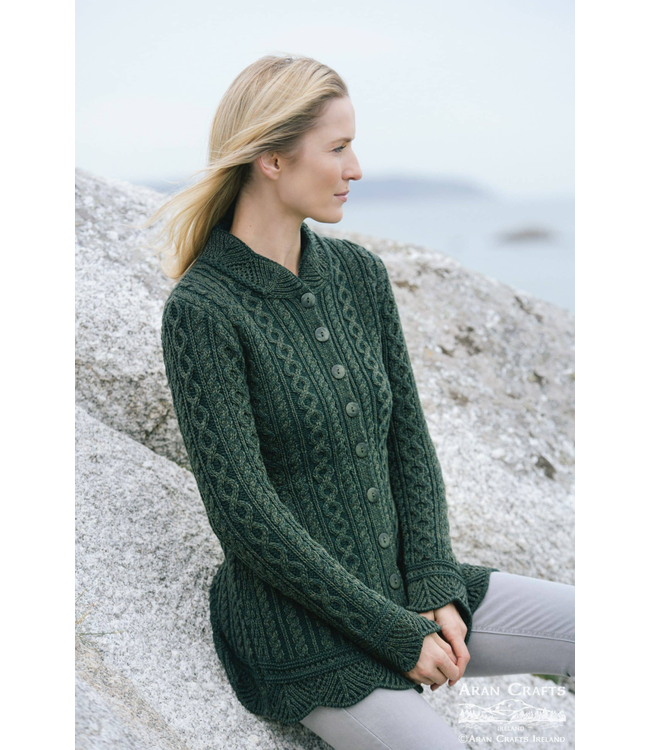 Aran Crafts Button Cardigan w/ Scallop Edge - Army Green