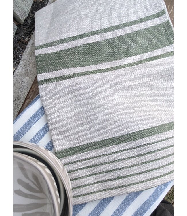 Linen Way Inc. Linen Tea Towel - Loire - Beige w/Green Stripes