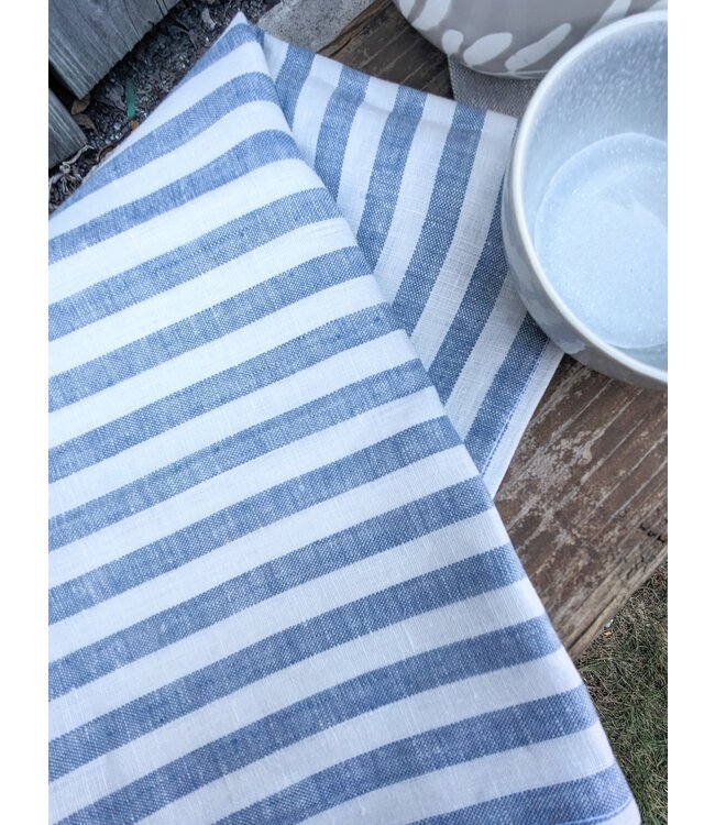 Linen Way Inc. Linen Tea Towel - Lagoon - White w/Navy Stripes