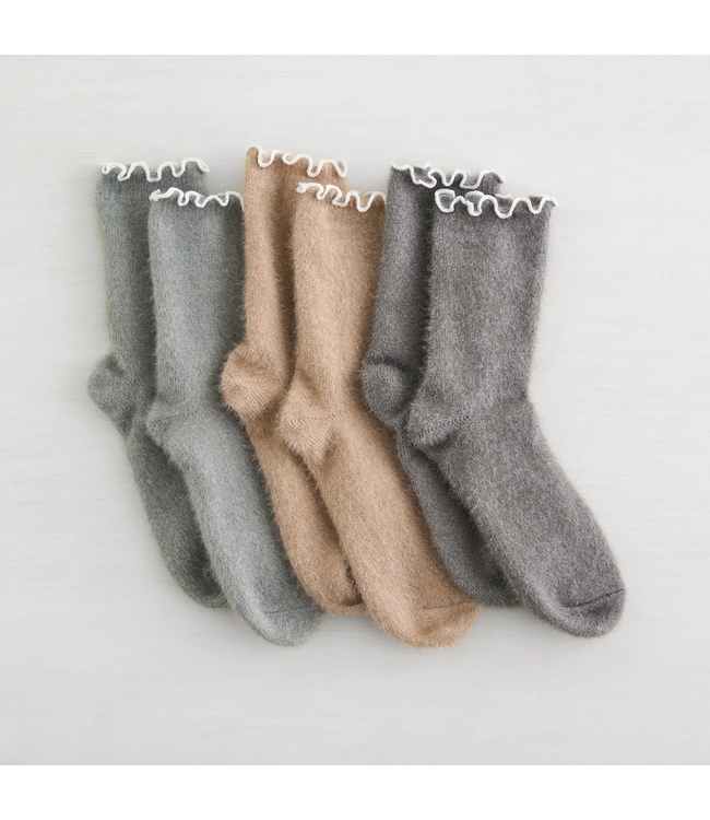 Lemon 3Pk Ruffle Fuzzy Socks - Blue/Tan