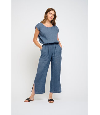 Cropped Gathered Linen Top - Azure Blue
