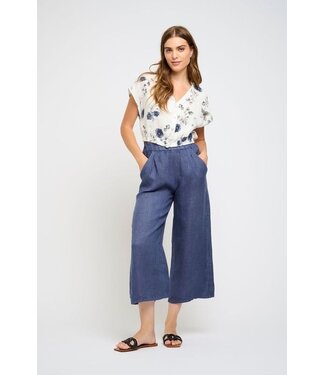 Cropped Wide Leg Linen Pants - Navy