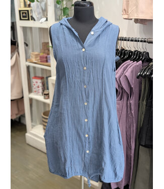 Linen Shirt Dress w Hood - Azure Blue