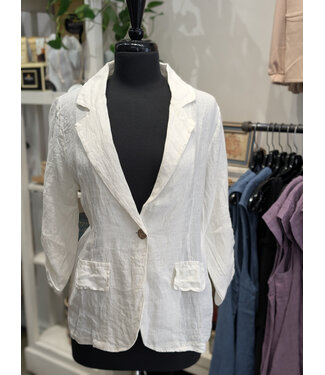 Pistache Single Button Linen Blazer - White