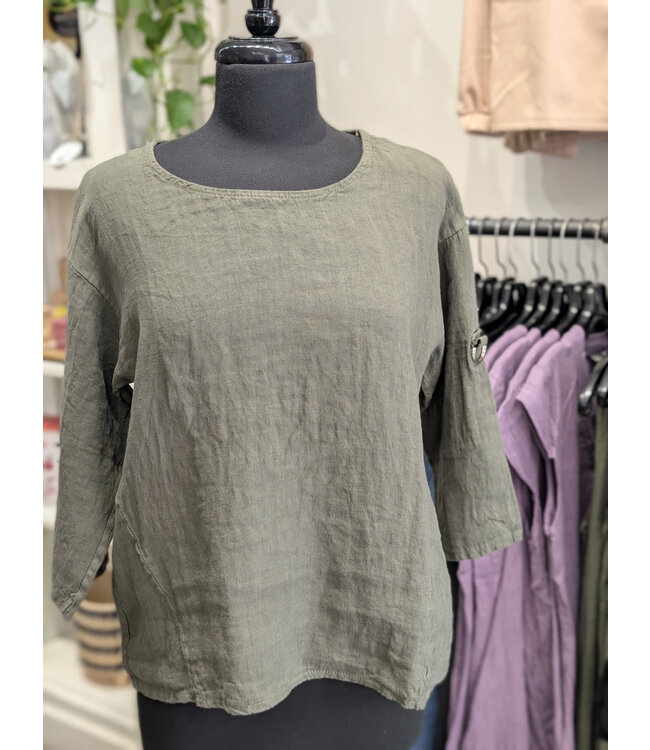 Pistache Roll Up Sleeve Linen Tee - Green Vine