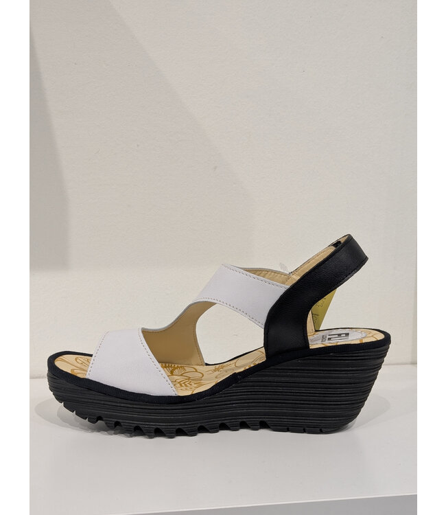 Fly London Yoxa Velcro Leather Sandals - White/Black
