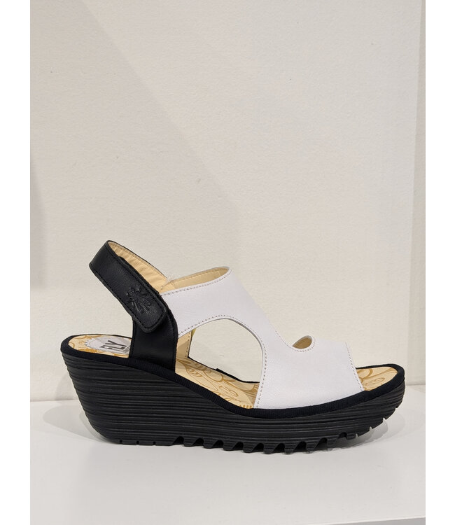 Fly London Yoxa Velcro Leather Sandals - White/Black