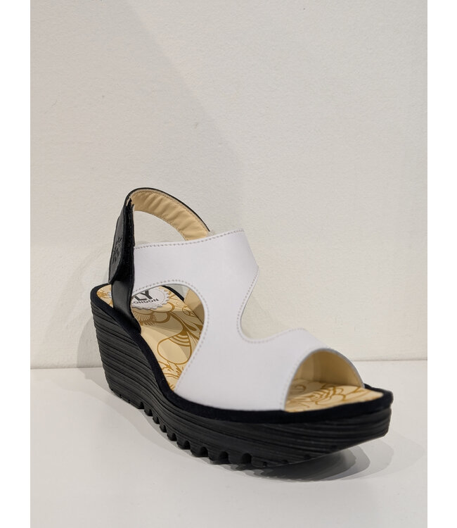 Fly London Yoxa Velcro Leather Sandals - White/Black