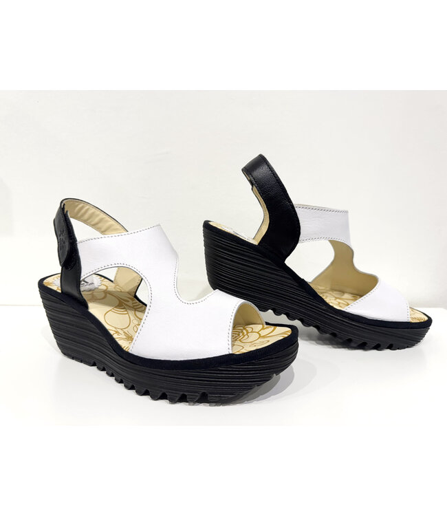 Fly London Yoxa Velcro Leather Sandals - White/Black
