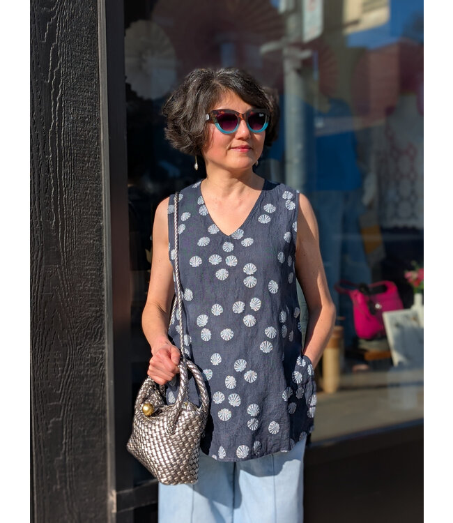 Sleeveless Linen Shell Top w/Side Slits - Navy