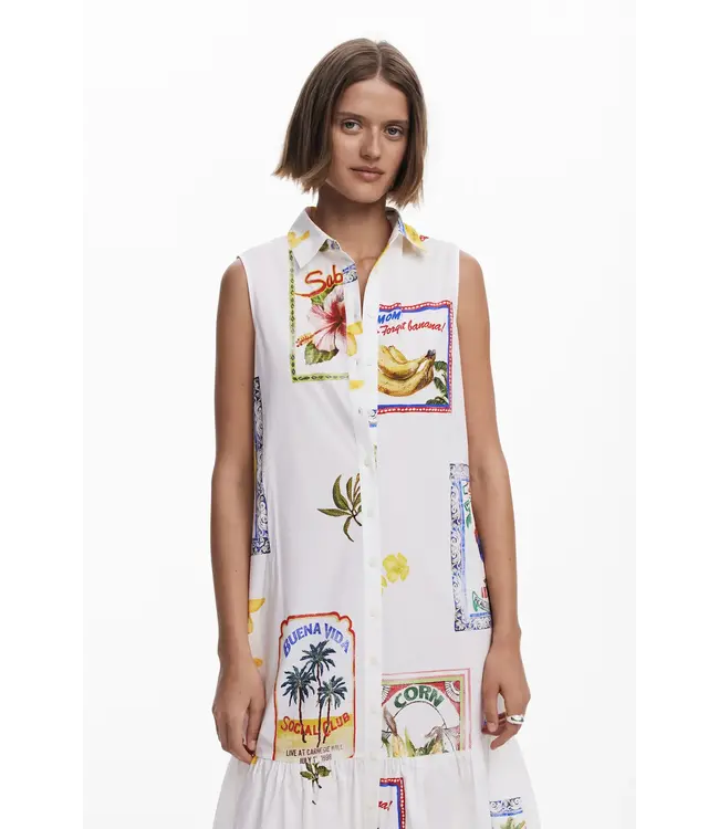 Desigual Print Button Down Dress - White