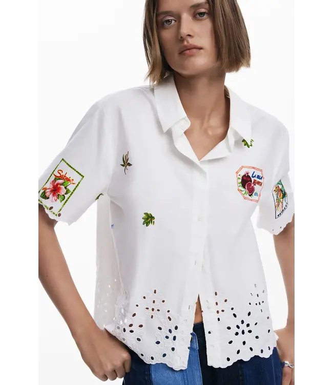Desigual Printed Button Down w/ Eyelet - White