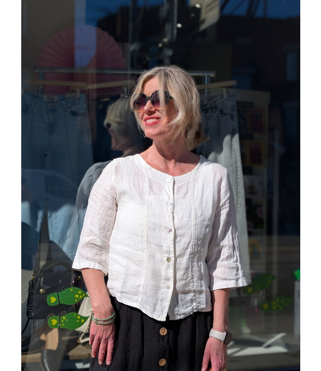 Pistache Button Front Linen Jacket - White