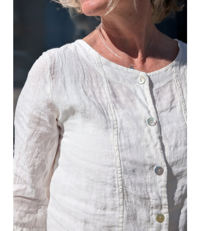 Pistache Button Front Linen Jacket - White