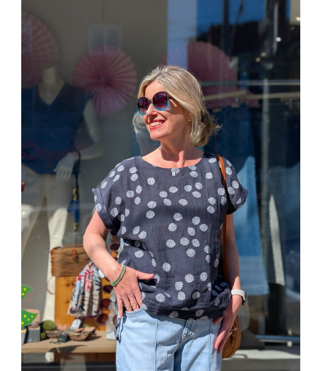 Short Sleeve Linen Top w/ Drawstring Sides - Navy
