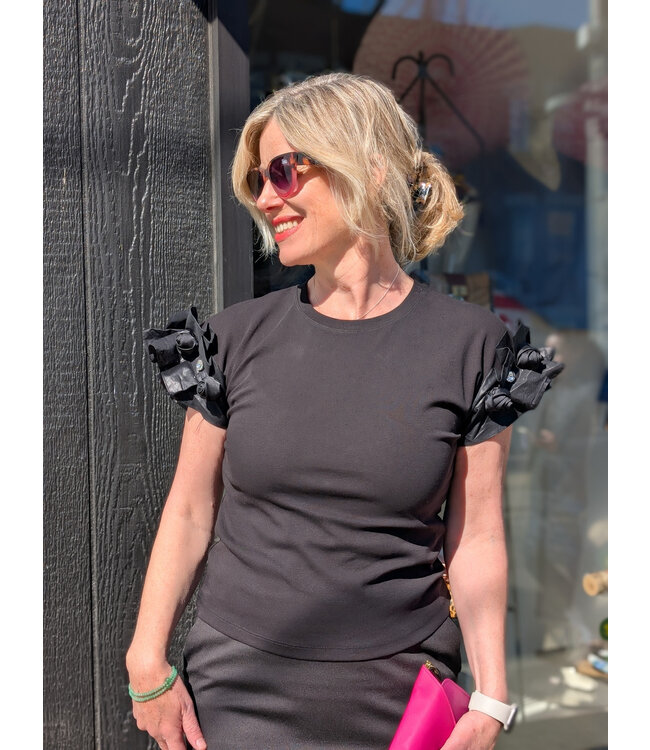 Astrid Ruffle Sleeve Top w/Roses & Diamond Applique - Black