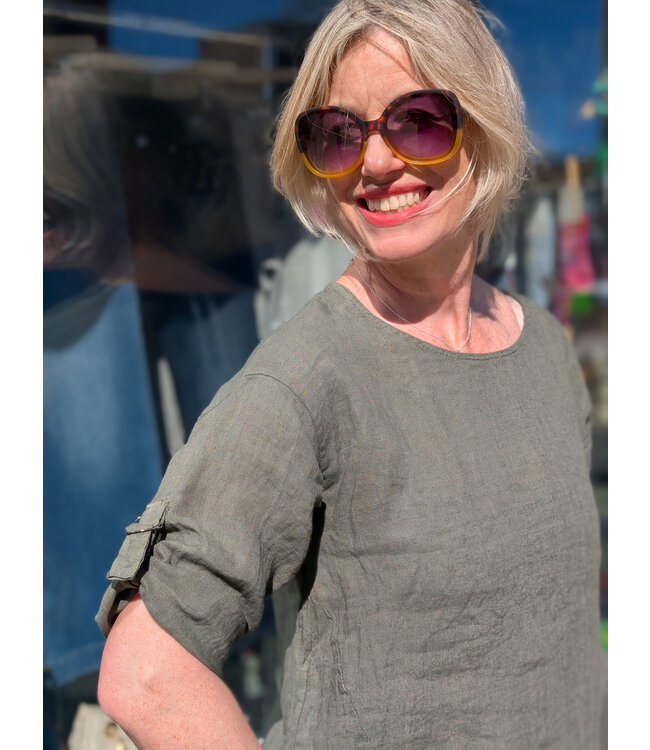 Pistache Roll Up Sleeve Linen Tee - Green Vine