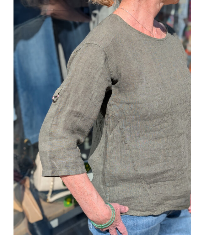 Pistache Roll Up Sleeve Linen Tee - Green Vine