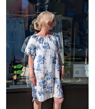 Gathered Neckline Floral Dress - Blue Rose