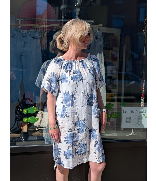 Pistache Gathered Neckline Floral Dress - Blue Rose