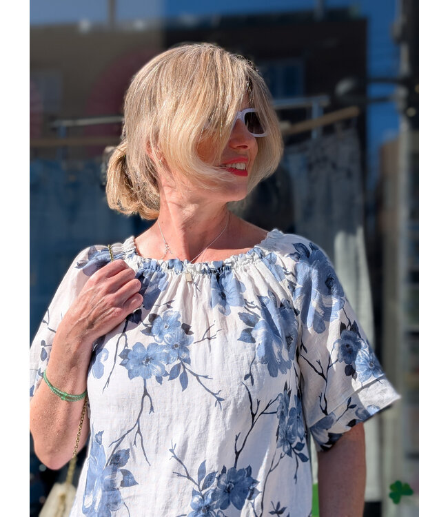 Pistache Gathered Neckline Floral Dress - Blue Rose