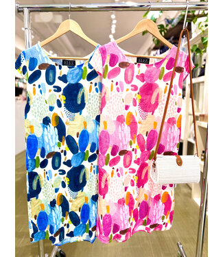 Cap Sleeve Linen Dress w/Elastic Waist - Pink Abstract