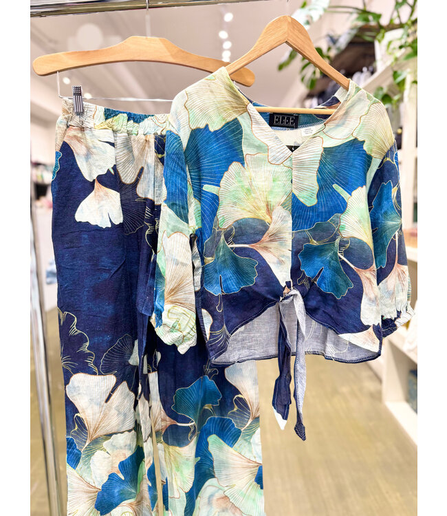 Floral Linen Tie-Up Top - Navy