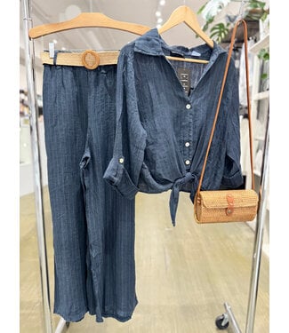 Striped Linen Pants w/Belt - Navy